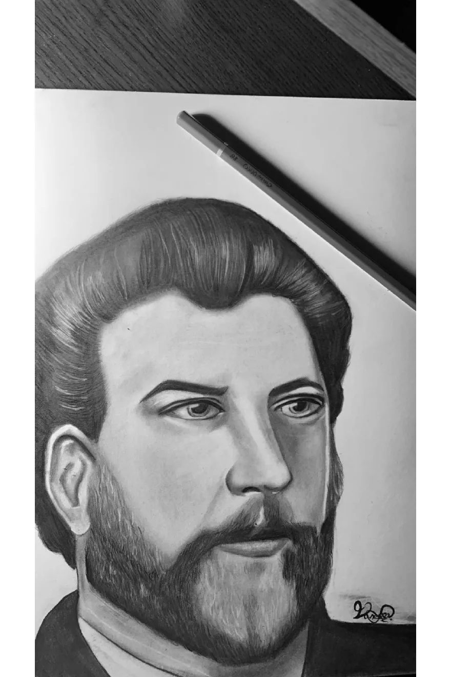 Graphite portrait study by Vanessa, photographed from the provided artwork PDF.